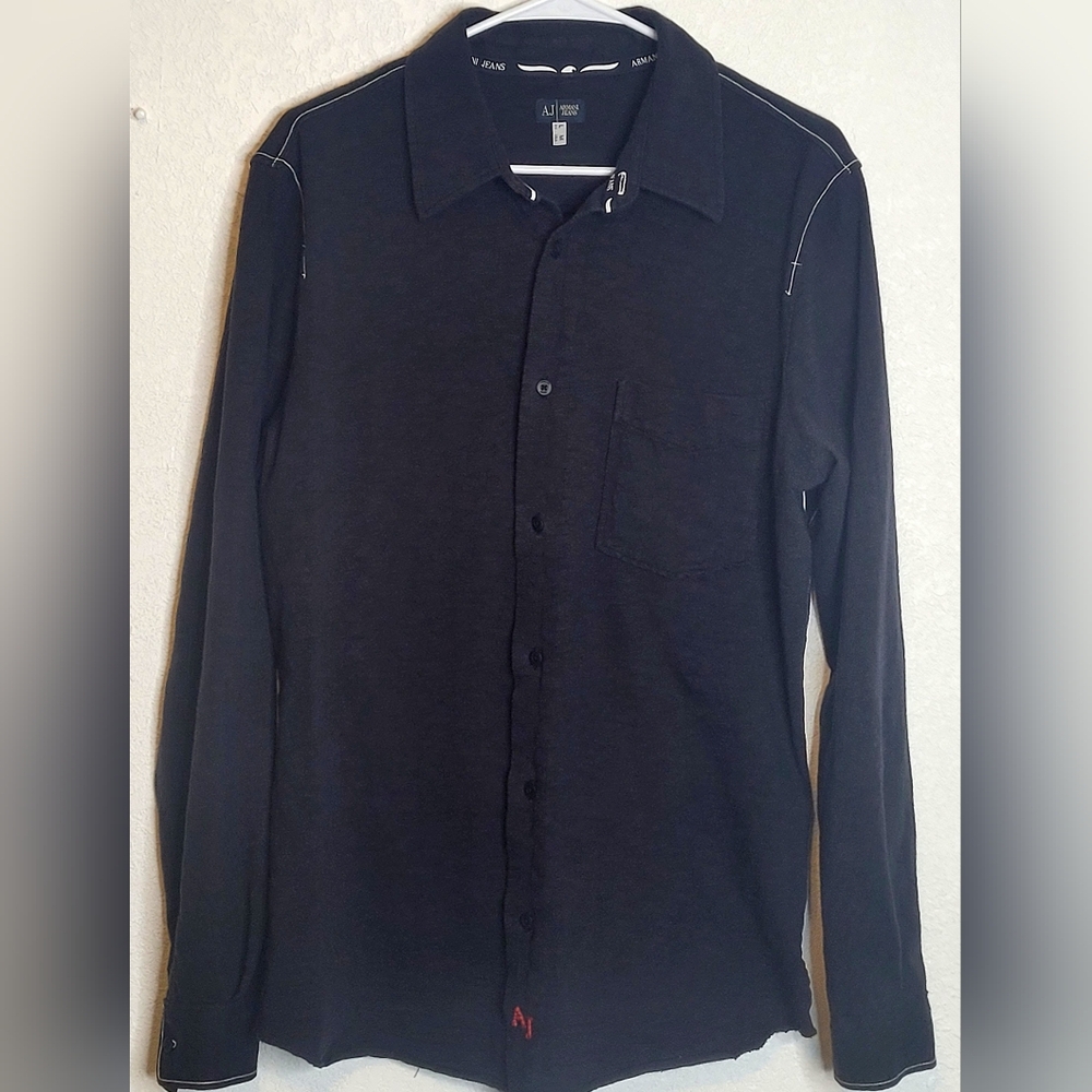 Armani Jeans Button Up Shirt Men Long Sleeve Black white contrast stitching Sz M